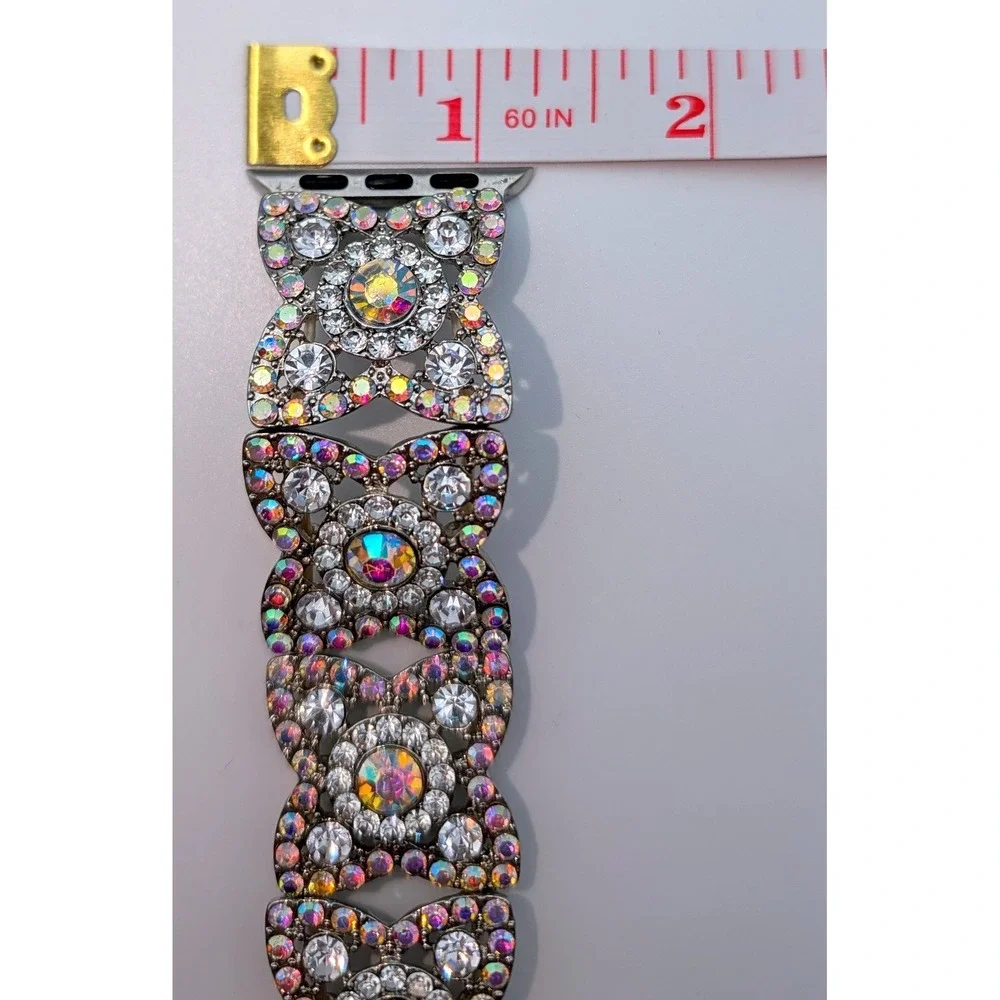 AB Rhinestone Crystal Apple Watch Band Silver Tone Filigree Strap 38-41mm